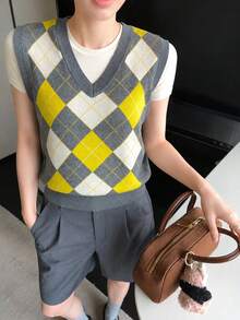 Rompi Pullover Wanita Baru Musim Gugur/Dingin Kasual Motif Argyle Kerah V - Grey - View 6