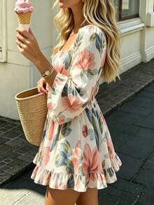 Đầm mini nữ họa tiết hoa phong cách Bohemian, cổ vuông, tay dài dáng rủ, gấu bèo nhún, phù hợp cho ngày nắng - Màu hỗn hợp - Xem 2