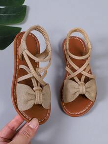 Elegant Girls' Gold Bow Sandals With Criss-Cross Thin Straps And Elastic Ankle Strap, Open Toe Shoes For Summer Party, Daily Wear And Vacation - Gold - View 5