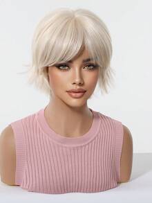 8 Inch Blonde Short Elf Style Synthetic Wig With Bangs, Heat Resistant Fiber Natural Look Women's Wig, Suitable For Daily Wear And Cosplay - Multicolor - View 2