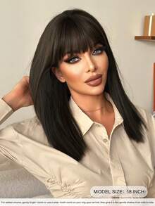 20-Inch Medium-Length Black Wig Synthetic Straight Wig With Bangs, High Density Heat-Resistant Fiber Natural Fluffy Wigs For Women Daily Party Wear, Seasons Use - 自然黑 - 查看 2