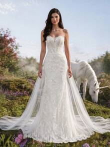 HEARBOBO Heavy Lace Sleeveless Strapless Vintage Mermaid Long Dress With Tulle Wedding Dresses For Bride White Fall - White - View 8