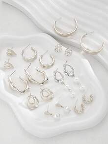 18pcs Fashion Minimalist Elegant Heart Faux Pearl Pendant Silver Stud Earrings Set For Women, Vacation Date Party Ball Banquet Holiday Birthday Gift, Daily Versatile - Silver - View 2