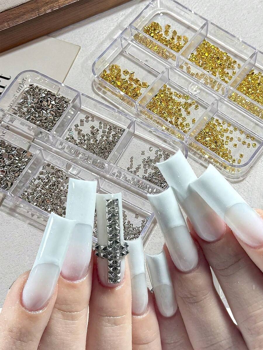 1box Silver Alloy Square Rivet Y2K Nail Charms Gun Black Golden Punk Spike Studs Nail Nail Parts Square Cone Rivets 3D Decoration - Multicolor - View 1