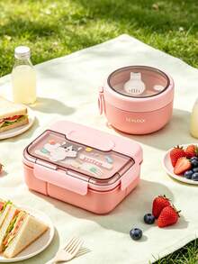 SEAL LOCK Cute Cartoon Animal Print Bento Box, 3-Compartment Leak-Proof Food Container, Reusable With Built-In Utensils, Microwave , Portable Lunch Box For Office, School And Outdoor Picnic Fresh Food Storage - Multicolor - View 7