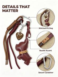 Vintage PU Dog Keychain, Cute Bag Charm, Braided Tassel & Glossy Heart Pendant, Metal Carabiner, Aesthetic Retro Bags Accessory For Dog Lovers - Multicolor - View 4