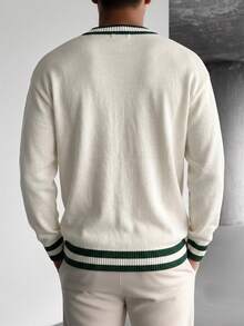 Boys' American Letter V-Neck Sweater, Autumn/Winter Fashion Collegiate Style Knit Pullover, Big Teen Boy Long Sleeve Versatile Top - White - View 7