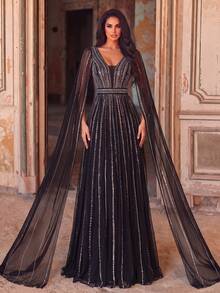 Premium Luxury Rhinestone Embellished Deep V-Neck Extra Long Sleeve Formal Gown & Evening Dress & Embellished Dress - Black - View 6