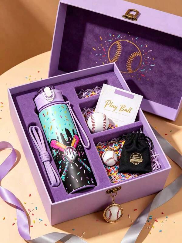 1pc/5pcs 750Ml / 26Oz Colorful Plastic Sports Water Bottle, Leak-Proof With Pop-Up Lid Crossed Baseball Bats With Dripping Syrups, A Baseball In The Middle, Sweet Sprinkles All Over The Creamy Background. Reusable Lightweight Perfect