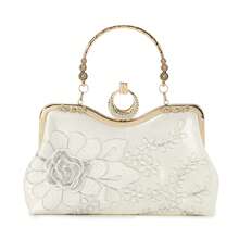 Elegant Ivory Floral Embroidered Evening Bag, Women's Rhinestone Ring Clasp Top Handle Clutch Purse For Wedding Party & Prom - Ivory - View 8