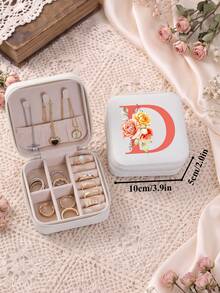 復古花卉字母旅行小珠寶盒，適用於項鍊與戒指，3.9in*2in PU皮革白色珠寶收納盒，適合女性，理想的節日禮物 - Floral Initials - 查看 21