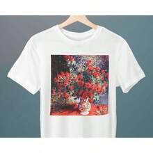 Chrysanthemes Rouges, Claude  Painting, Unisex T-Shirt, Art T-Shirt, Flower T-Shirt, Gift For Her, Gift For Him, Art Lover Gift - 白色 - 查看 1