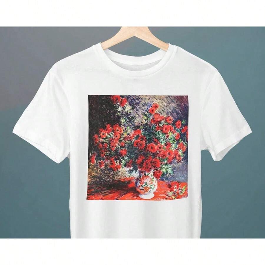 Chrysanthemes Rouges, Claude Painting, Unisex T-Shirt, Art T-Shirt, Flower T-Shirt, Gift For Her, Gift For Him, Art Lover Gift - 白色 - 查看 1