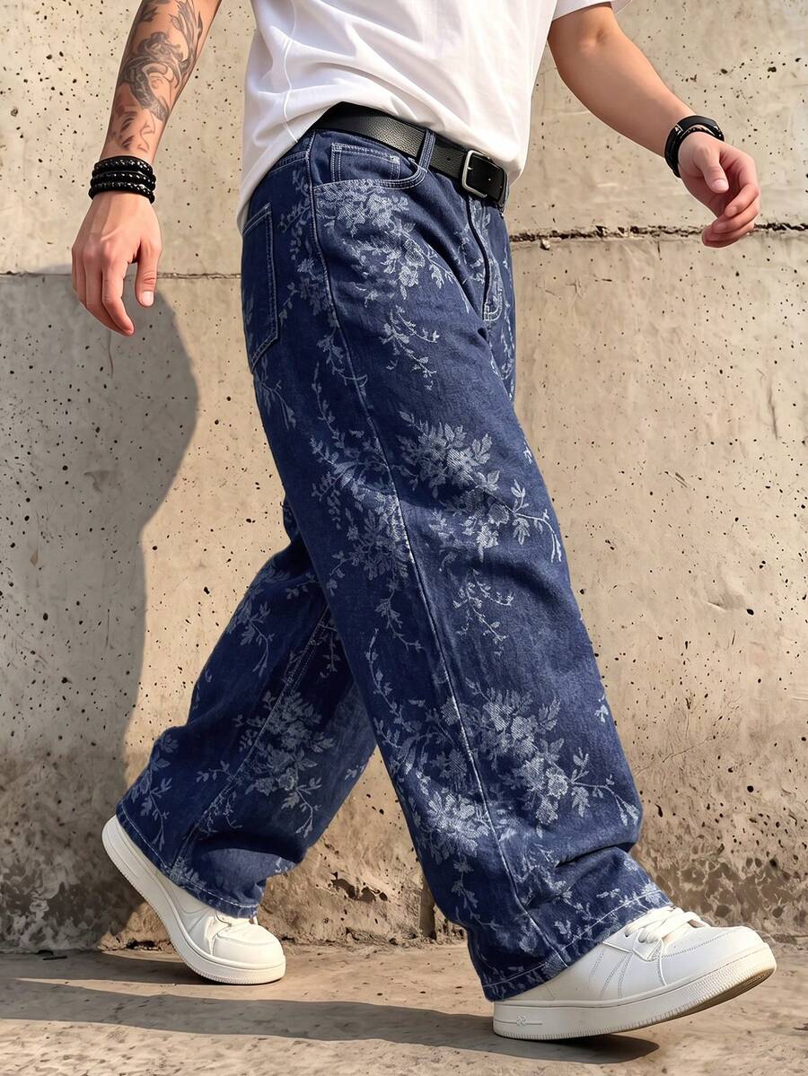 Men's Dark Blue All-Over Floral Jacquard Loose Wide Leg Jeans, Y2K Street Style Oversized Casual Long Pants - Blue - View 1