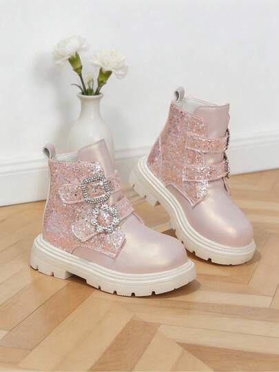 Classic Knight Style Autumn Boots, British Dreamy Pink Gradient Sequin Patchwork Double Rhinestone Flower Square Buckle Exquisite Girls Boots, Durable Thick Sole Anti-Slip Student Boots, Suitable For Middle And Big Girls Campus Daily Uniform, Street Play, Gentle Princess Style Winter Boots