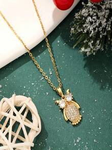 1pc Stainless Steel Chain Necklace, Rhinestone Owl Design, Vintage Cute Fashion Minimalist, Unisex Suitable For Halloween, Christmas, Street Style, Party, Casual Wear - Gold - View 3