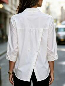 Plus Size Women's Solid Color Front Button Shirt, Lapel Collar Long Sleeve Top With Pockets White - White - View 2