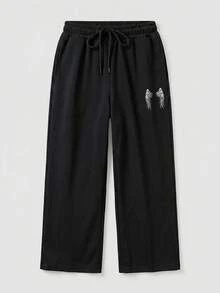 SU ER Men's Casual Drawstring Elastic Waist Loose Drapey Lazy Wide Leg Curved Hem Long Pants, Summer - Black - View 6