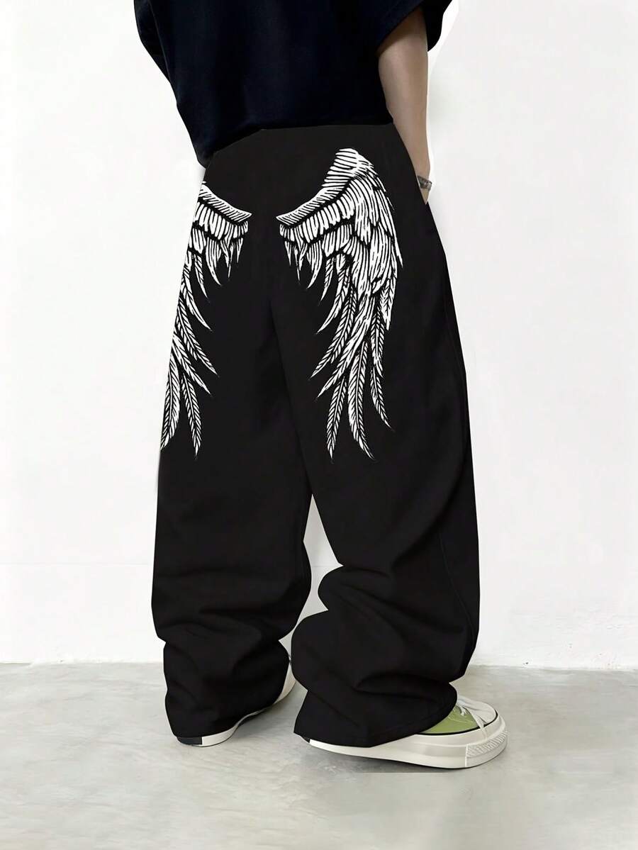 SU ER Men's Casual Drawstring Elastic Waist Loose Drapey Lazy Wide Leg Curved Hem Long Pants, Summer - Black - View 1