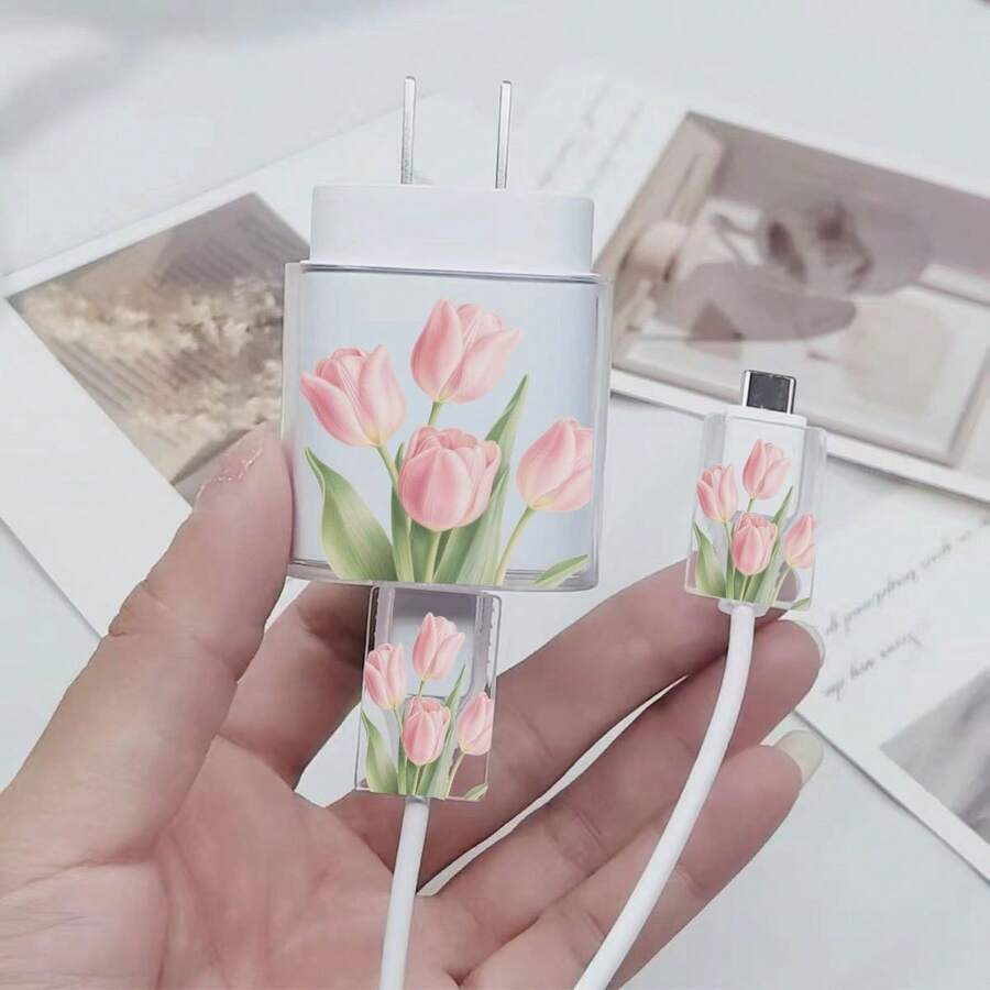 3pcs Light Pink Tulip Pattern, Suitable For IPhone 20W/18W Charger - Multicolor - View 1