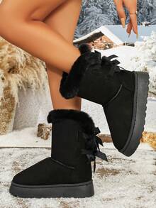 2026 Autumn/Winter New Women's Snow Boots With Back Bow, Plus Size Slip-On Mid-Calf Fashion Bread Boots - Black - View 3