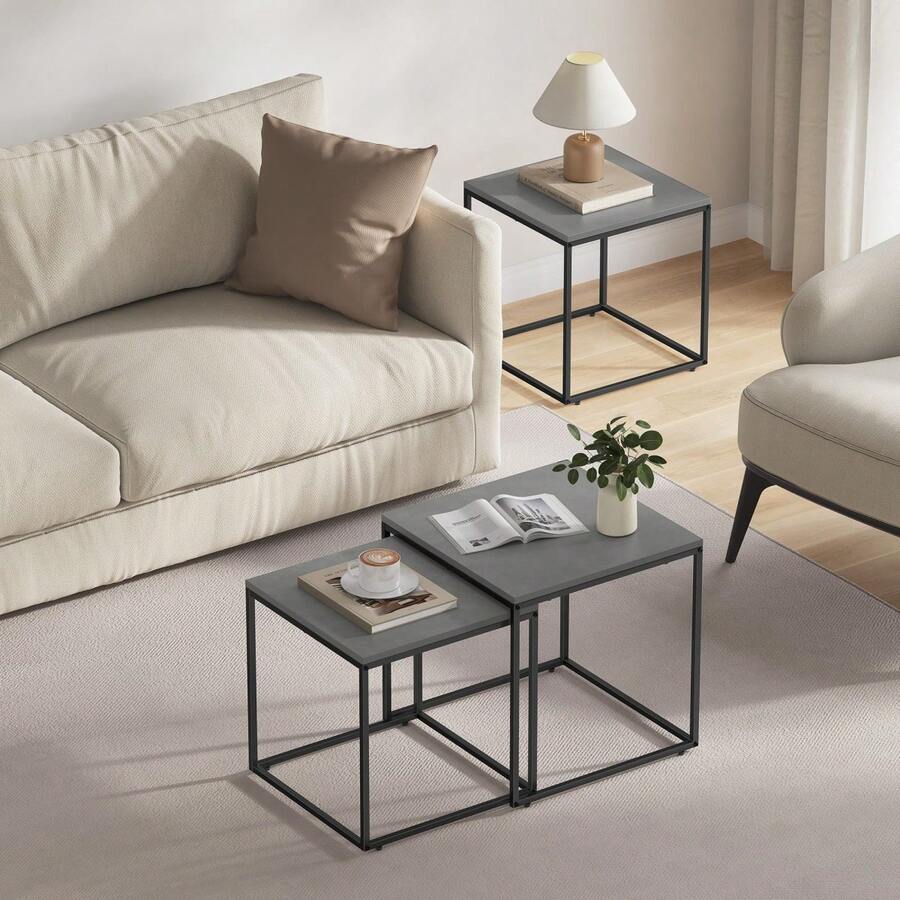 Aseto Set Of 2 Rectangular Coffee Tables Nesting Side End Table Wood Large & Small Nightstand Bedside Board Unit Desk Furniture Decor Living Room Bedroom Home Office Apartment Center Tea Tray Stackable Dual Countertop Multi Color - Concrete - View 1