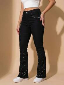 pthirillo Women's Black Flare Jeans With Rhinestones, High Waist, Butt-Lifting, Premium Shine - Lumina Pearls 酒吧和口袋 - 查看 7