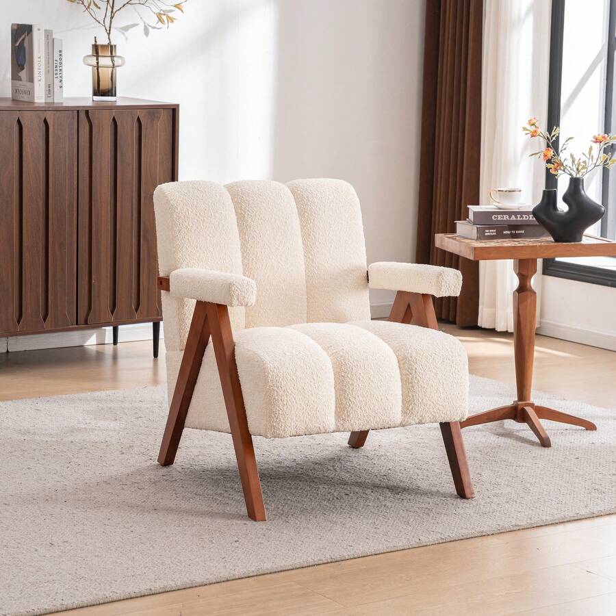 Bouclé Armchair With Wooden Frame, Beige Color - 米色 - 查看 1