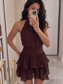 Elegant Fashion Brown Halter Neck Backless Layered Ruffle Mini Dress - Wedding - Brown - View 1