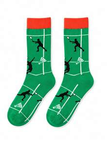 Men's 1 Pair Of Crew Sock, Badminton Sport Court Player Design Socks, Warm Soft Breathable, Gift For Men & Women, Halloween Christmas Fall Winter - Multicolor - View 2