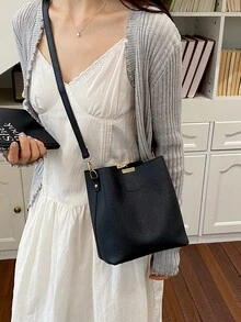 Black Litchi Texture Bucket Bag, Large Capacity Shoulder Crossbody Bag, Minimalist Commuter Versatile Women's Handbag - Black - View 7