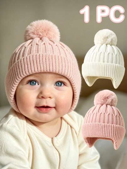 1pc Baby Pom-Pom Beanie Hat, Cozy Knit Winter Warm Heart Cute Hat For Kids, Outdoor Accessory,Winter Baby Hat