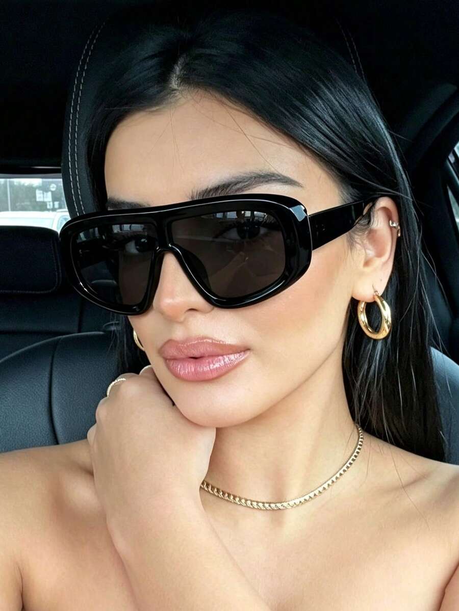1pc One-Piece Thick Black Aviator Fashion Glasses, Pure Black Gray Lenses, Oversized Full-Frame Slimming Street Style Accessory - Dark Grey - View 1