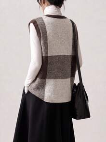 Women's Autumn/Winter Minimalist Casual Color Block Design Round Neck Sweater Cardigan Vest Fall - Rice Palm - View 2
