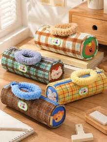 1 Pc Cute Striped Cylindrical Party Pencil Case Checkered Stylish Stain-Resistant Stationery Pouch Storage Organizer For School Office Supplies Cosmetic Bag Travel Accessories Portable Student Gift - View 6