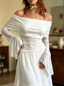 Women's Off The Shoulder Tops Long Flared Sleeve Solid Color Slim Fit Shirt - White - View 2