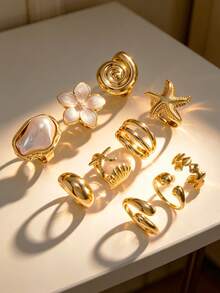 10pcs Set Cincin Multi-Layer Stackable Fashion Minimalis Elegan Desain Vintage Indah Geometris Bunga Mutiara Imitasi Tetesan Minyak Pola Gradien Asimetris Bintang Laut Buatan, Keong, Elemen Kerang Tetesan Air Mengkilap Minimalis Polos Gaya Logam Set Cincin Lebar Tebal Berlebihan, Hadiah Liburan Pesta Kencan, Pakaian Sehari-hari, Personalisasi - Yellow Gold - View 2