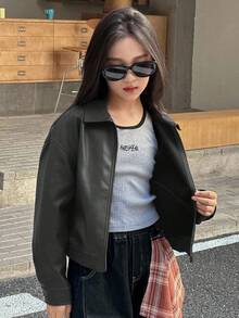 Girls' Solid Color Drop Shoulder Long Sleeve Zipper Front PU Leather Loose Casual Jacket Spring Autumn - Black - View 5