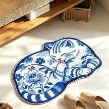1pc Bathroom Rug, Short Plush Material With Designer Cat Print Pattern, Artistic Silhouette Design, Place At Shower Door, Easy-To-Clean Home Decor Carpet, Enhances Home Experience. Soft Texture, Comfortable Foot Feel, Can Be Placed In Bathroom, Beside Sink, Entryway And Other Areas - Baby Blue - View 5