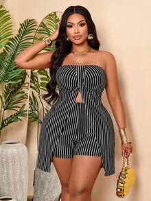 BIUBIU Women's Plus Size Strapless Striped 2 Pieces Short Set, Slit Design, Slim Fit Elegant - Black - View 5