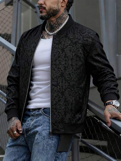 Men's Black Bomber Jacket, Full Zip Casual Outerwear, Suitable For Spring And Autumn, Outdoor Commute Casual Jacket, High-Quality Men's Gift Sports