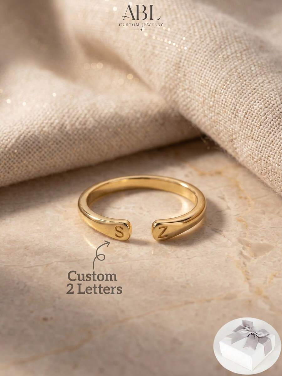 Custom Initial Ring, Personalized Letter Ring, Dainty Gold Adjustable Ring, Open Couple Ring, Minimalist Jewelry, Anniversary Gift For Her - Multicolor - View 1