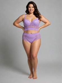 Conjunto Plus Size Cropped Rendado Tecido Brilhoso Forrado Bojo Aro Sexy Resistente - Lavanda - Visão 2