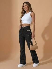 pthirillo Women's Black Flare Jeans With Rhinestones, High Waist, Butt-Lifting, Premium Shine - 口袋珍珠和斑點珍珠 - 查看 9