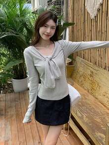 韓系時尚灰色條紋蕾絲飾邊荷葉領長袖女款打底上衣 - 灰色 - 查看 4