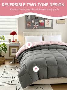 1pc Light Pink With Grey Quilted Comforter Insert, Reversible, Square Quilted, Warm Soft Fluffy, Suitable For Winter Use, Down Alternative Filling, Machine Washable - Baby Pink - View 5