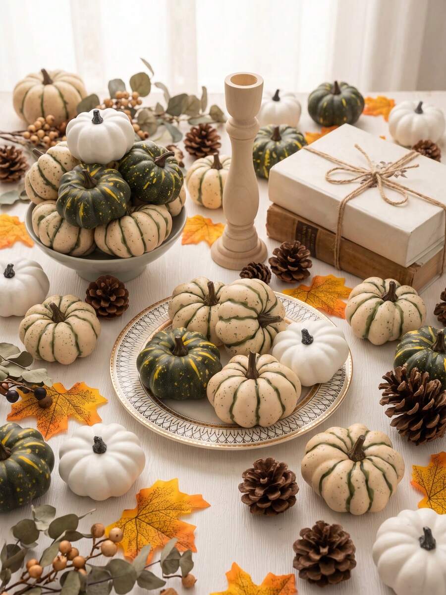 MEHELANY 12/6/3pcs Realistic Foam Mini Pumpkins, Lifelike Autumn Harvest Pumpkin Decor, Suitable For Front Porch Decoration, Halloween Gothic Style Tabletop Arrangement, Thanksgiving Table Centerpiece, Tiered Tray Bowl Filler And DIY Wreath Craft Materials - Multicolor - View 1