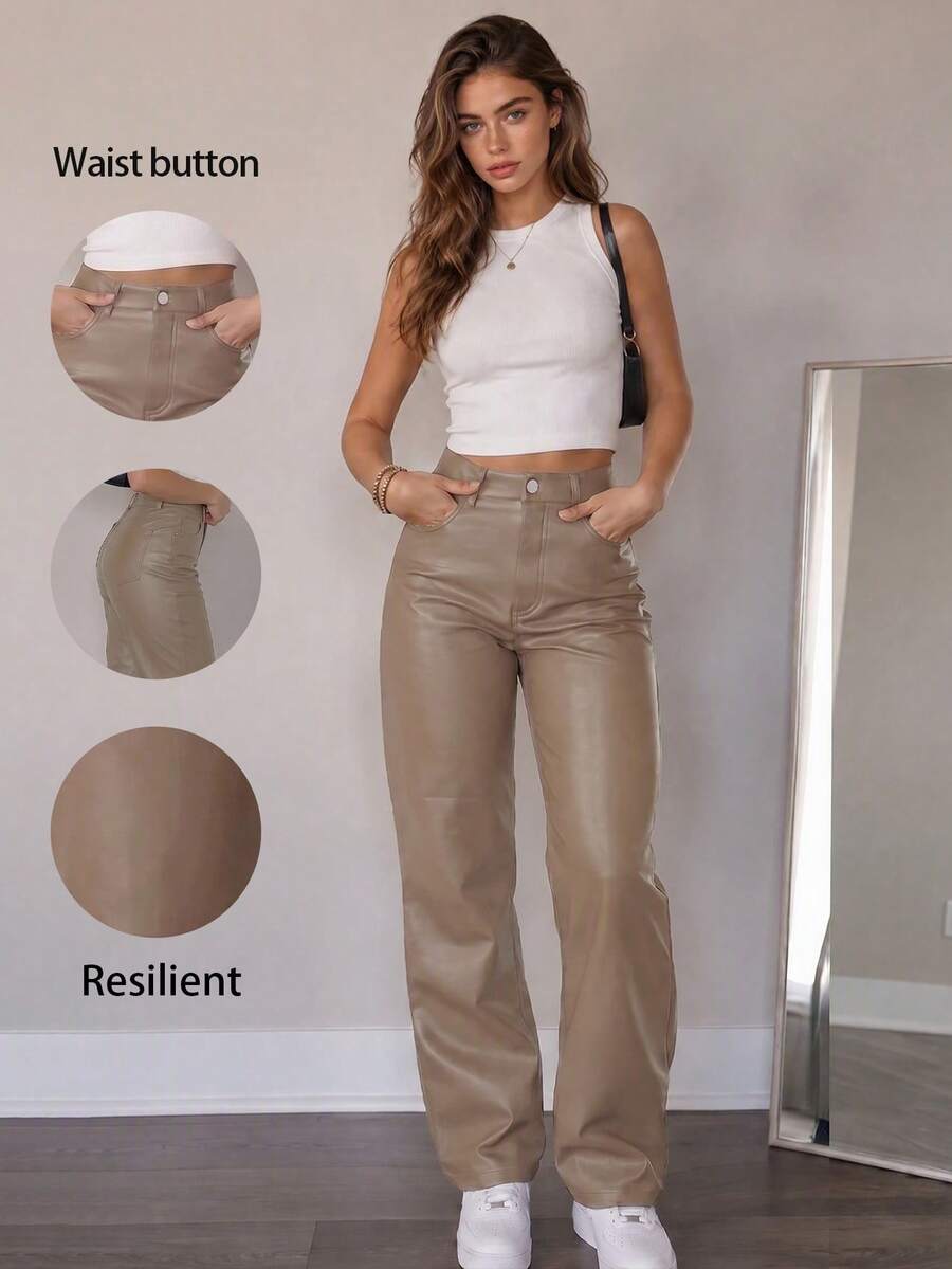 Women's High-Waisted Shiny PU Leather Pants, Casual Straight Leg, Best-Selling, Autumn/Winter, Hot-Selling, Suitable For Party, Commute, Holiday, Festival, Outdoor Activities, Perfect For Tall Women's Outfits