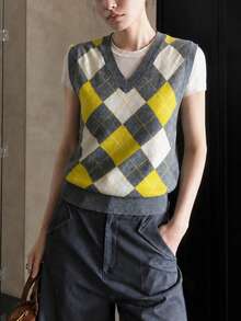 Rompi Pullover Wanita Baru Musim Gugur/Dingin Kasual Motif Argyle Kerah V - Grey - View 5