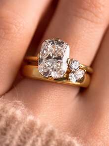 Tsnamer A Set Of Two Elegant Rings Set With Rectangular Cubic Zirconia; Designed Specifically For Women, These Stackable Rings Are Perfect For Any Occasion - Yellow Gold - View 5